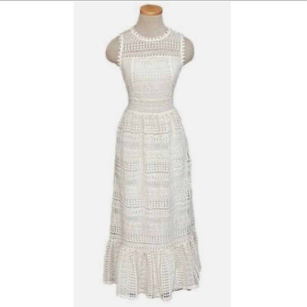 ERI + ALI Crochet Boho Sleeveless Beige Midi Dress